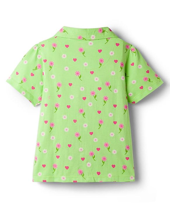 Pine Kids Cotton Knit Half Sleeves  Co-ord Shirt & Pyjama Night Suit with Floral Print - Light Green