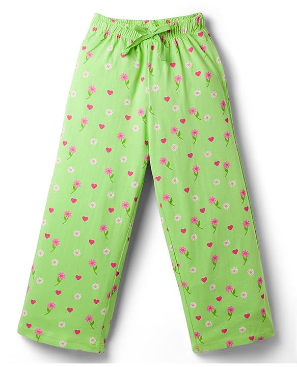 Pine Kids Cotton Knit Half Sleeves  Co-ord Shirt & Pyjama Night Suit with Floral Print - Light Green