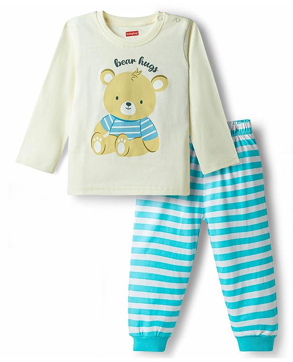 Babyhug 100% Cotton Knit Full Sleeves T-Shirt & Pyjama Night Suit With Teddy Bear Print - Blue