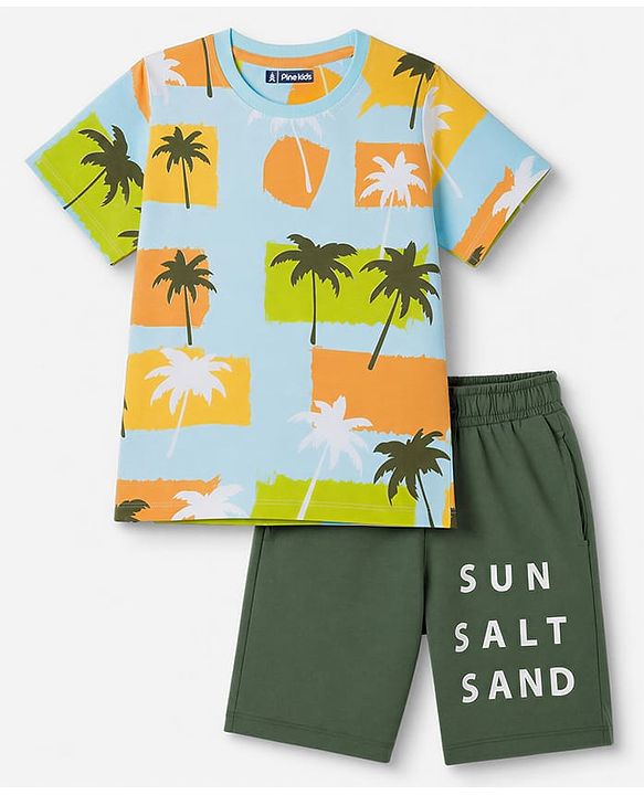 Pine Kids Cotton Knit Half Sleeves T-Shirt & Shorts Night Suit With Tropical & Text Print - Green