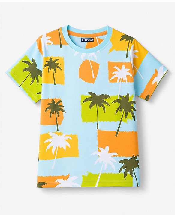 Pine Kids Cotton Knit Half Sleeves T-Shirt & Shorts Night Suit With Tropical & Text Print - Green