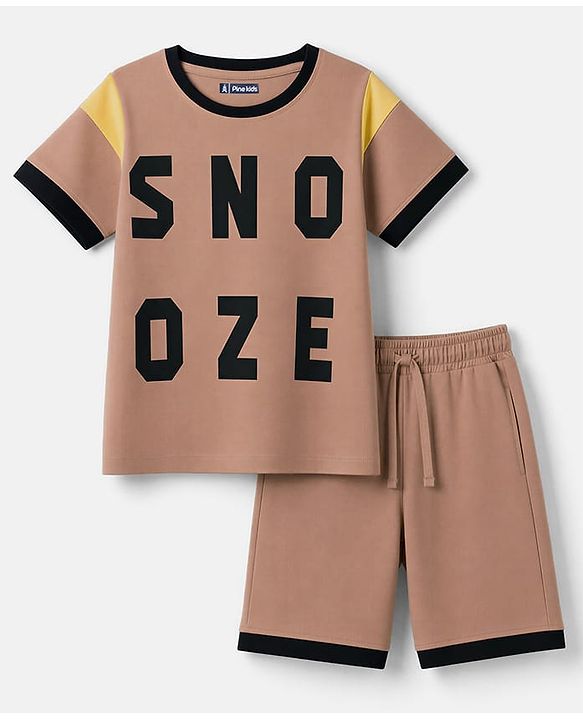 Pine Kids Cotton Knit Half Sleeves T-Shirt & Shorts Night Suit With Text Print - Brown