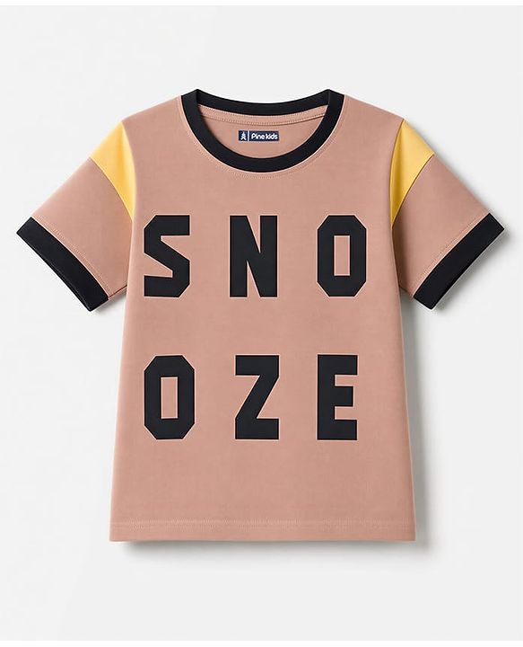 Pine Kids Cotton Knit Half Sleeves T-Shirt & Shorts Night Suit With Text Print - Brown