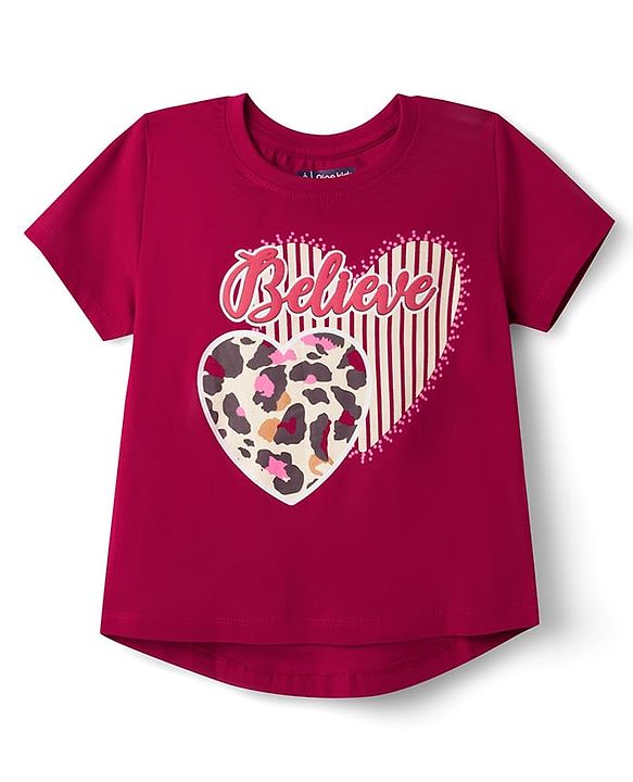 Pine Kids Cotton Knit Half Sleeves T-Shirt & Shorts Night Suit with Heart & Believe Print - Wine