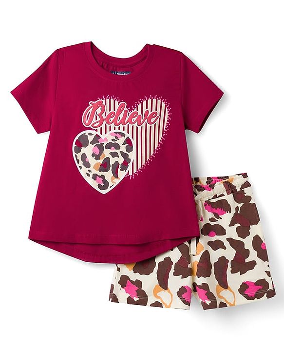 Pine Kids Cotton Knit Half Sleeves T-Shirt & Shorts Night Suit with Heart & Believe Print - Wine