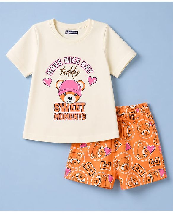 Pine Kids Cotton Knit Half Sleeves Bear Printed T-Shirt & Shorts Night Suit - Cream