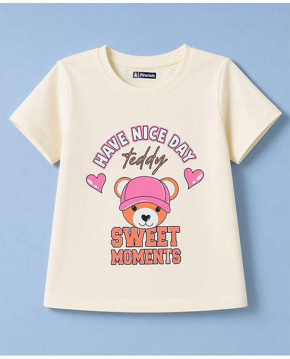 Pine Kids Cotton Knit Half Sleeves Bear Printed T-Shirt & Shorts Night Suit - Cream