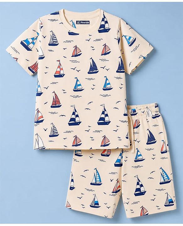 Pine Kids Cotton Knit Half Sleeves T-Shirt & Shorts Night Suit Co-ords With Ship Print - Beige