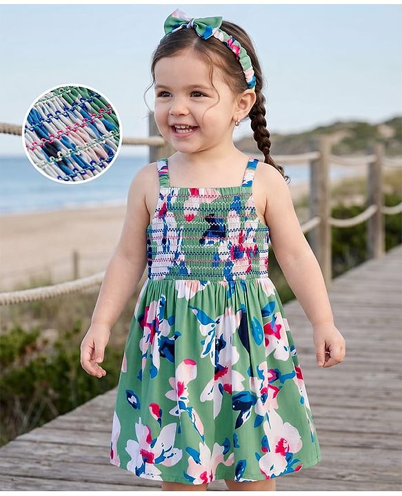 Babyhug Cotton Woven Sleeveless Frock With Floral Print& Hairband- Green