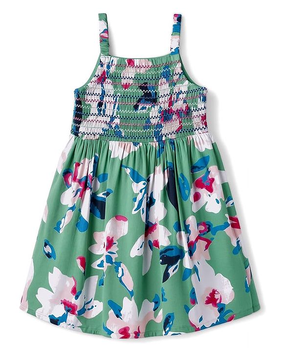 Babyhug Cotton Woven Sleeveless Frock With Floral Print& Hairband- Green