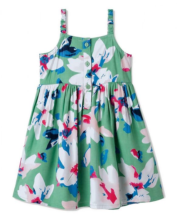 Babyhug Cotton Woven Sleeveless Frock With Floral Print& Hairband- Green