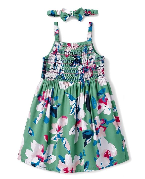 Babyhug Cotton Woven Sleeveless Frock With Floral Print& Hairband- Green