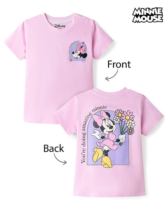 Babyhug Disney Single Jersey Knit Half Sleeves T-Shirt with Front & Back Minnie & Friends Graphics - Pink