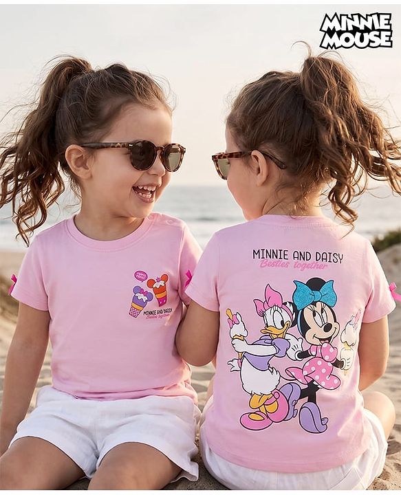 Babyhug Disney Single Jersey Knit T-Shirt with Half Sleeves & Minnie and Daisy Besties Together Print in Pink