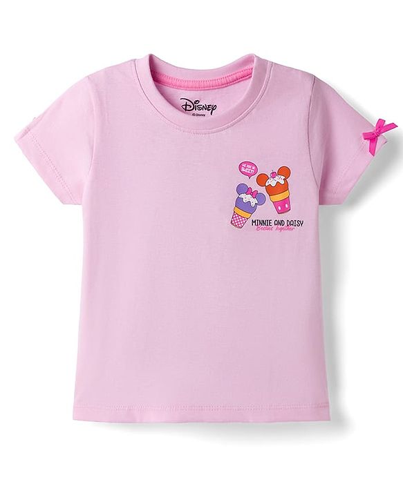 Babyhug Disney Single Jersey Knit T-Shirt with Half Sleeves & Minnie and Daisy Besties Together Print in Pink