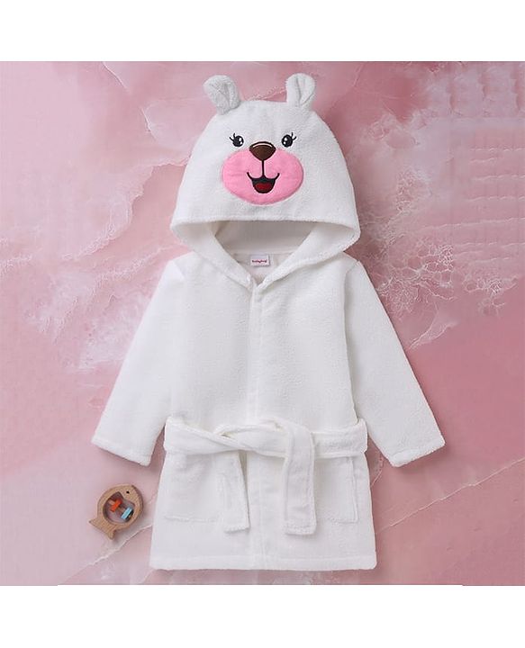 Babyhug Velour Microfiber Knit Full Sleeves Terry Hooded Bath Robe With Bear Embroidery & Applique - White