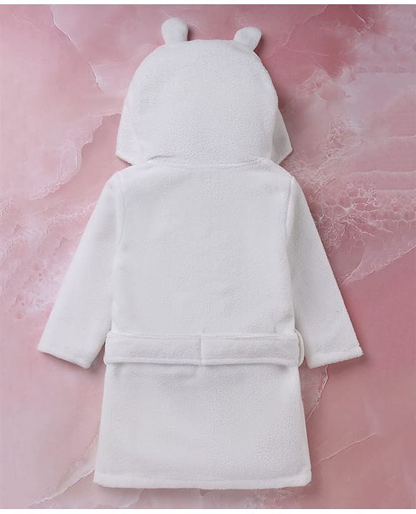 Babyhug Velour Microfiber Knit Full Sleeves Terry Hooded Bath Robe With Bear Embroidery & Applique - White