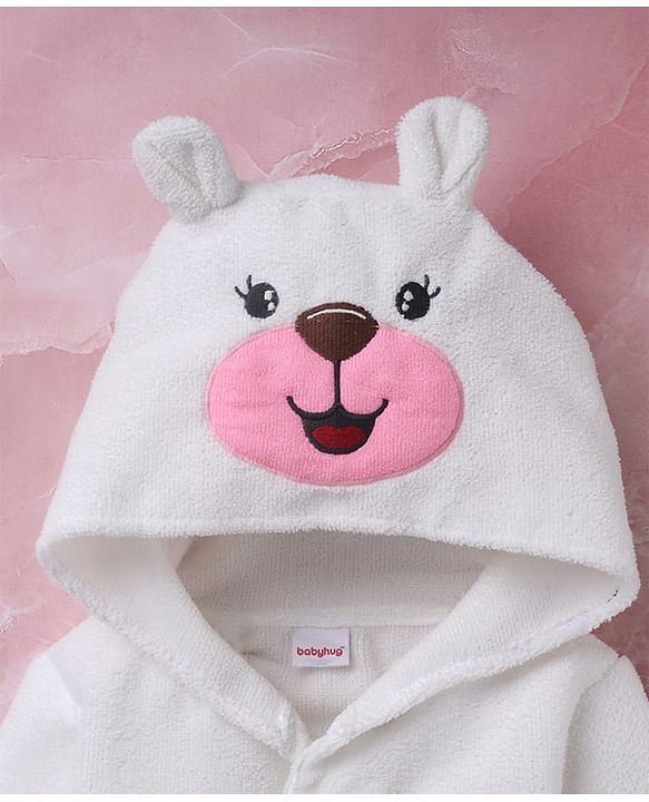 Babyhug Velour Microfiber Knit Full Sleeves Terry Hooded Bath Robe With Bear Embroidery & Applique - White
