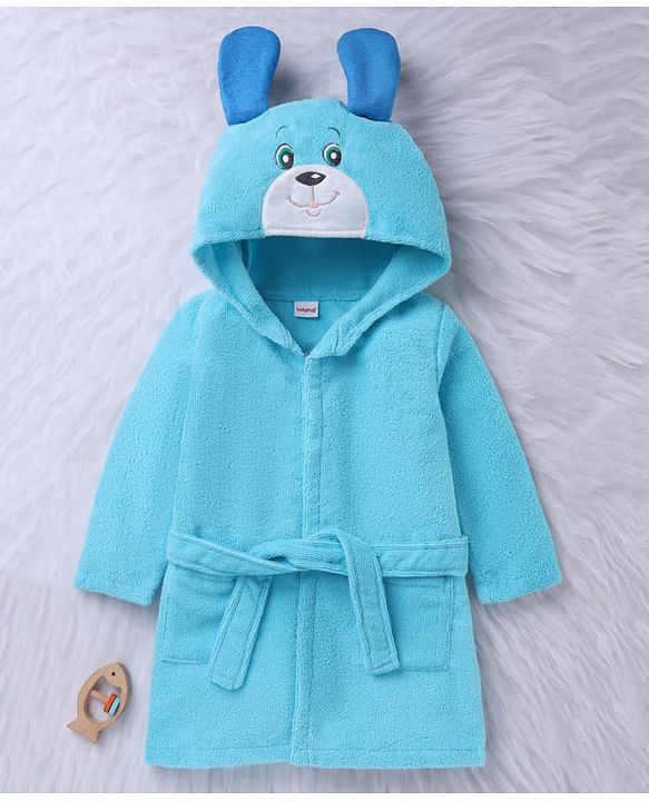 Babyhug Velour Microfiber Full Sleeves Hooded Bath Robe With Puppy Embroidery & Ear Applique - Light Blue