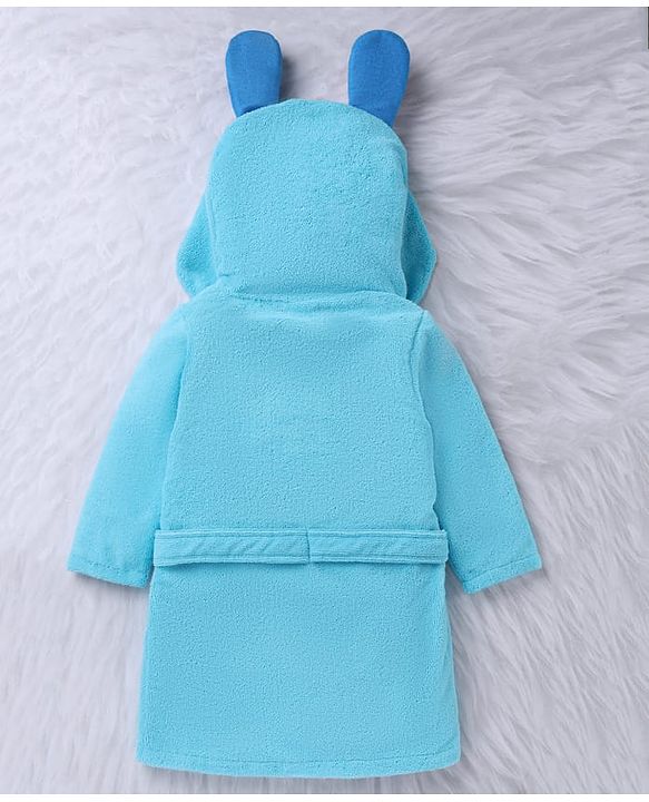 Babyhug Velour Microfiber Full Sleeves Hooded Bath Robe With Puppy Embroidery & Ear Applique - Light Blue