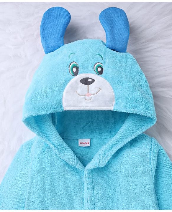 Babyhug Velour Microfiber Full Sleeves Hooded Bath Robe With Puppy Embroidery & Ear Applique - Light Blue