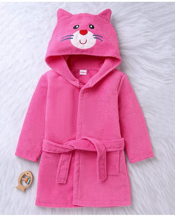 Babyhug Velour Microfiber Knit Full Sleeves Hooded Bath Robe With Cat Embroidery & Ear Applique - Dark Pink