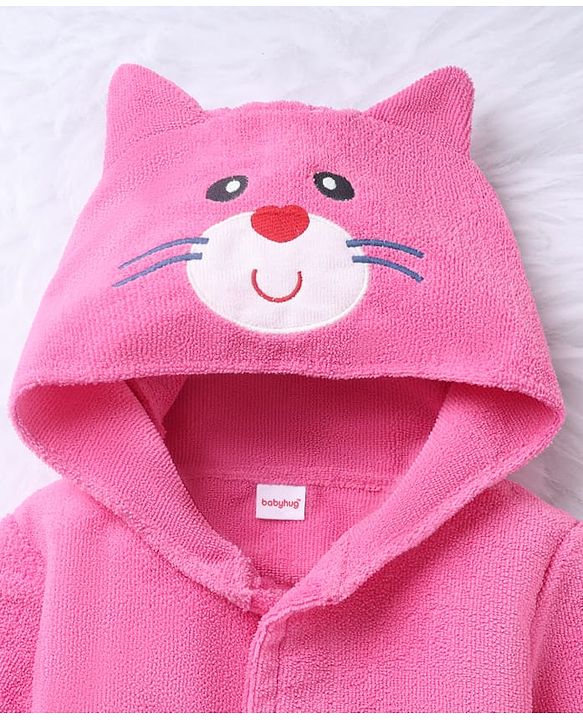 Babyhug Velour Microfiber Knit Full Sleeves Hooded Bath Robe With Cat Embroidery & Ear Applique - Dark Pink