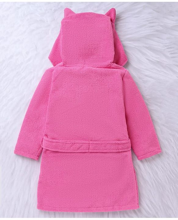 Babyhug Velour Microfiber Knit Full Sleeves Hooded Bath Robe With Cat Embroidery & Ear Applique - Dark Pink