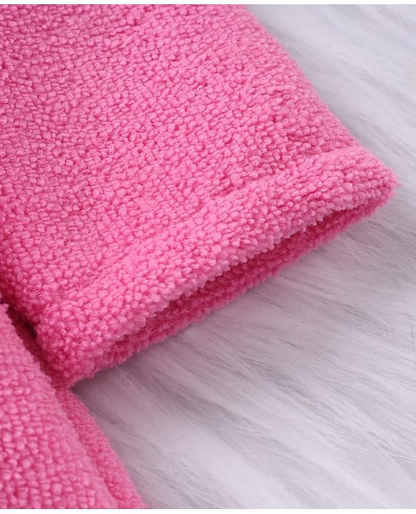 Babyhug Velour Microfiber Knit Full Sleeves Hooded Bath Robe With Cat Embroidery & Ear Applique - Dark Pink
