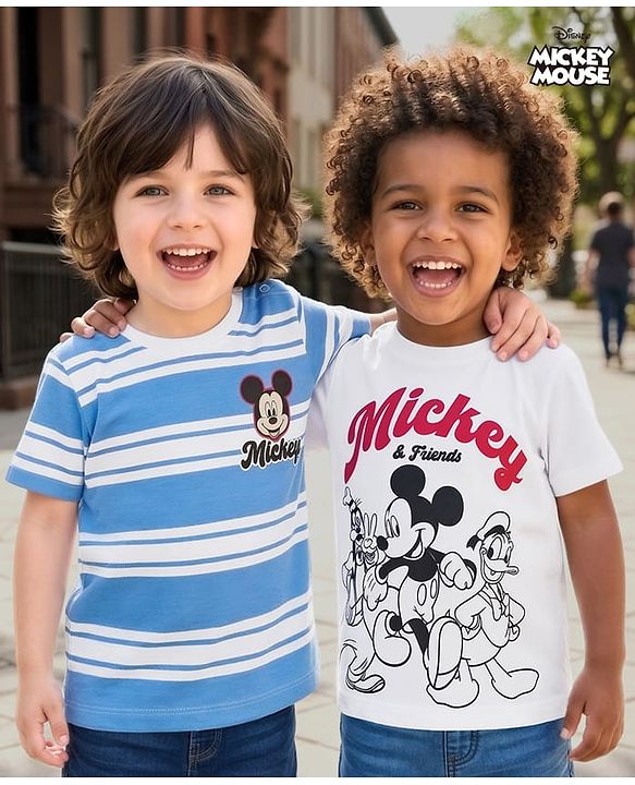 Babyhug Disney Cotton Knit T-Shirts Half Sleeve with Mickey and Friends Graphic Multi Color 6-9 Months Pack of 2