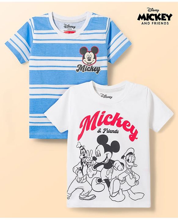 Babyhug Disney Cotton Knit T-Shirts Half Sleeve with Mickey and Friends Graphic Multi Color 6-9 Months Pack of 2
