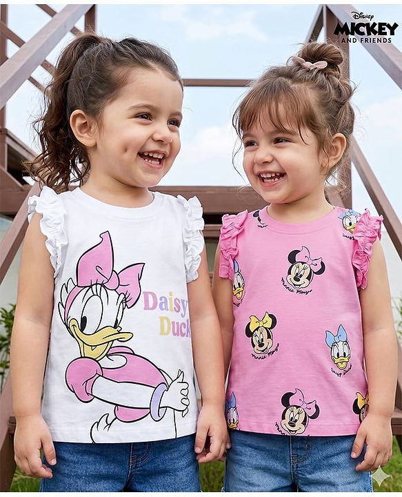 Babyhug Disney 100% Cotton Knit Sleeveless Tank T-Shirts With Minnie Mouse & Friends Graphic Pack of 2 - Pink & White