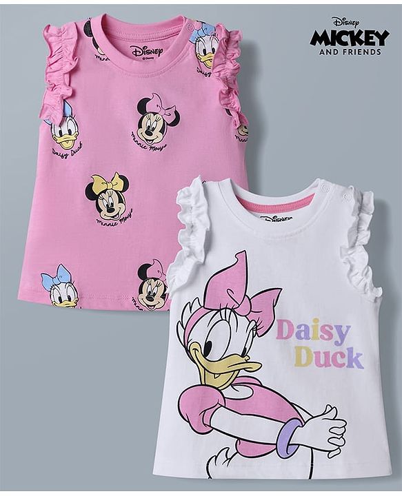 Babyhug Disney 100% Cotton Knit Sleeveless Tank T-Shirts With Minnie Mouse & Friends Graphic Pack of 2 - Pink & White