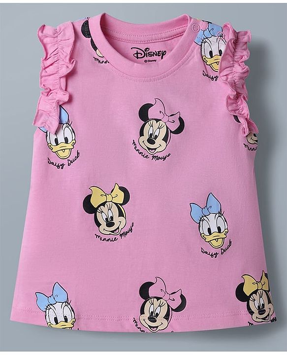 Babyhug Disney 100% Cotton Knit Sleeveless Tank T-Shirts With Minnie Mouse & Friends Graphic Pack of 2 - Pink & White