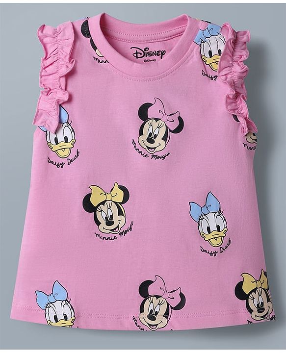Babyhug Disney 100% Cotton Knit Sleeveless Tank T-Shirts With Minnie Mouse & Friends Graphic Pack of 2 - Pink & White