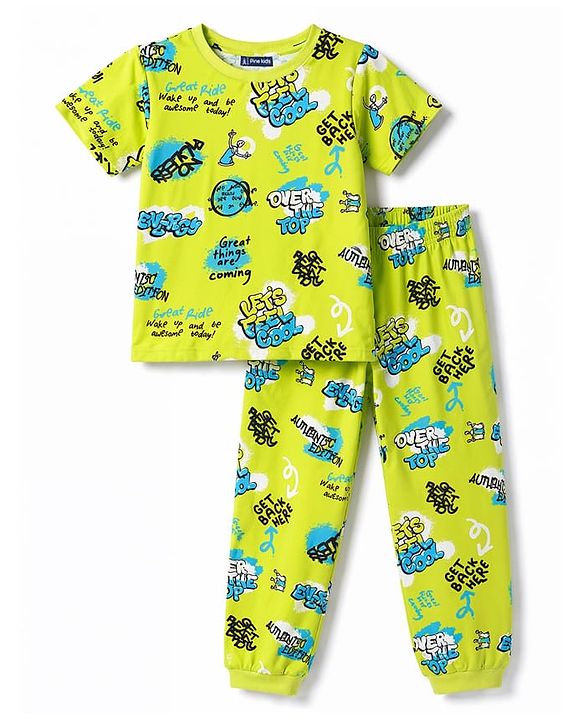 Pine Kids Cotton Knit Half Sleeves Co-Ords T-Shirt & Pajama Night Suit with Text Print - Neon Green