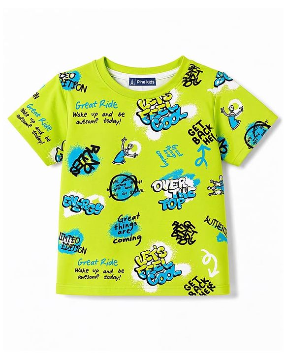 Pine Kids Cotton Knit Half Sleeves Co-Ords T-Shirt & Pajama Night Suit with Text Print - Neon Green