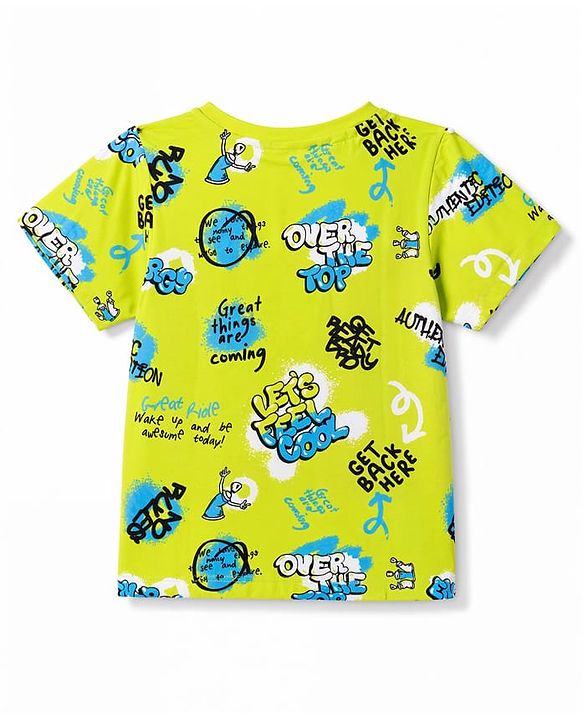 Pine Kids Cotton Knit Half Sleeves Co-Ords T-Shirt & Pajama Night Suit with Text Print - Neon Green