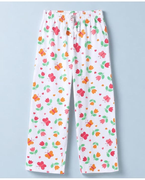 Pine Kids Cotton Knit Half Sleeves Co-Ords T-Shirt & Pyjama Night Suit with Butterfly & Floral Print - White