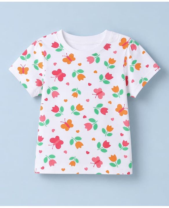 Pine Kids Cotton Knit Half Sleeves Co-Ords T-Shirt & Pyjama Night Suit with Butterfly & Floral Print - White