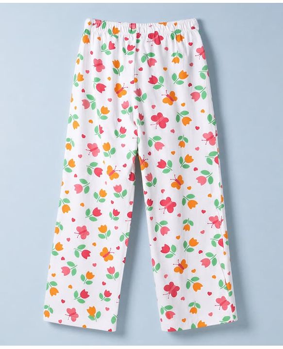 Pine Kids Cotton Knit Half Sleeves Co-Ords T-Shirt & Pyjama Night Suit with Butterfly & Floral Print - White