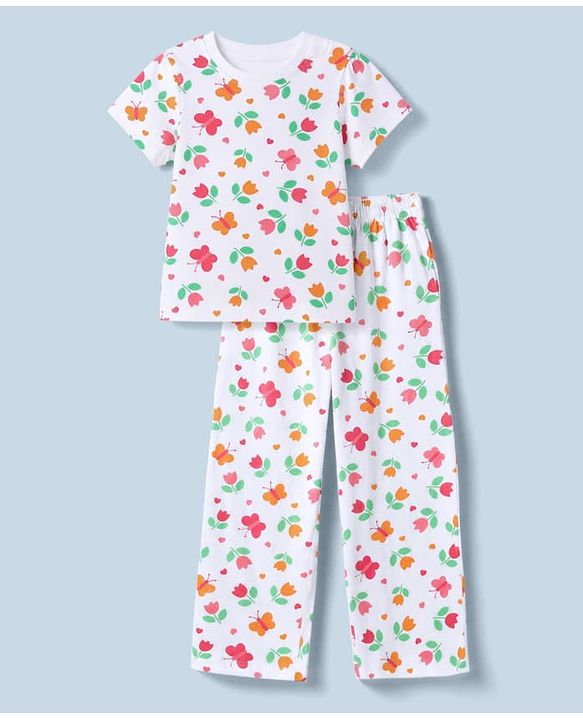 Pine Kids Cotton Knit Half Sleeves Co-Ords T-Shirt & Pyjama Night Suit with Butterfly & Floral Print - White