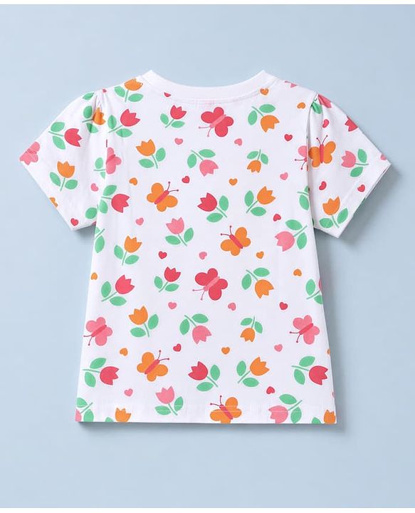 Pine Kids Cotton Knit Half Sleeves Co-Ords T-Shirt & Pyjama Night Suit with Butterfly & Floral Print - White