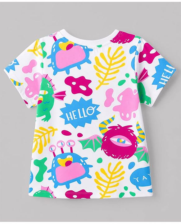 Pine Kids Cotton Knit Half Sleeves T-Shirt & Pyjama Night Suit Co-ords With Text Print - White