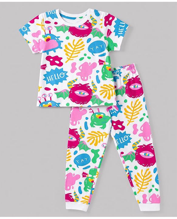 Pine Kids Cotton Knit Half Sleeves T-Shirt & Pyjama Night Suit Co-ords With Text Print - White