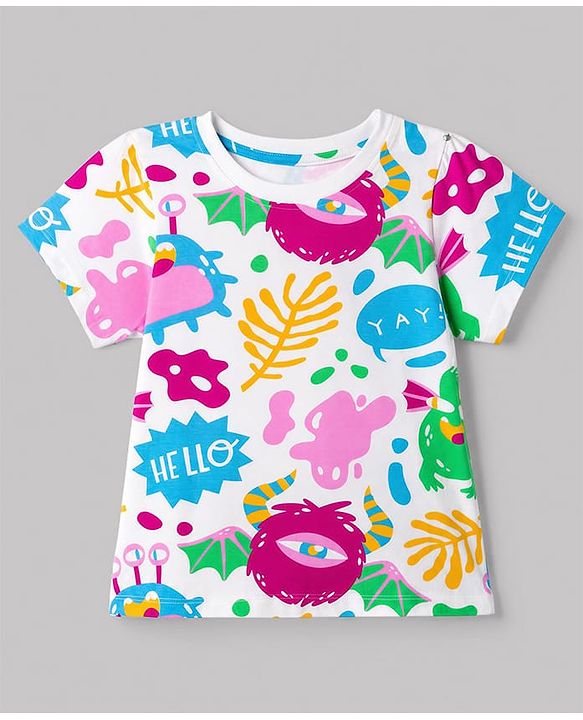 Pine Kids Cotton Knit Half Sleeves T-Shirt & Pyjama Night Suit Co-ords With Text Print - White