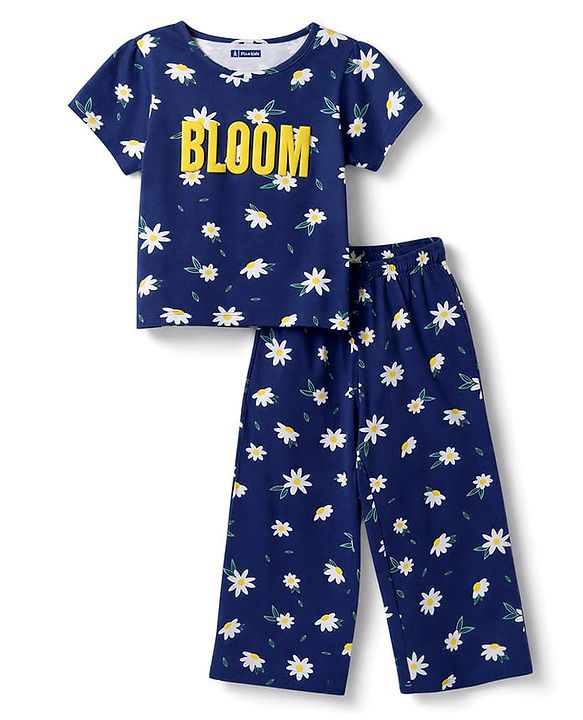 Pine Kids Cotton Knit Half Sleeves Top & Pyjama Night Suit  With Floral Print - Navy Blue
