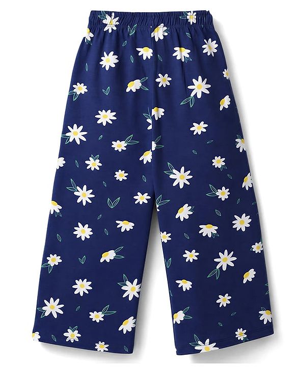 Pine Kids Cotton Knit Half Sleeves Top & Pyjama Night Suit  With Floral Print - Navy Blue