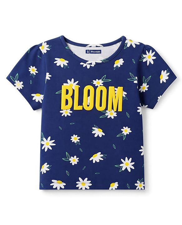 Pine Kids Cotton Knit Half Sleeves Top & Pyjama Night Suit  With Floral Print - Navy Blue
