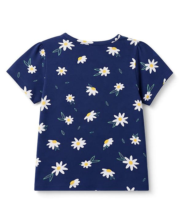 Pine Kids Cotton Knit Half Sleeves Top & Pyjama Night Suit  With Floral Print - Navy Blue